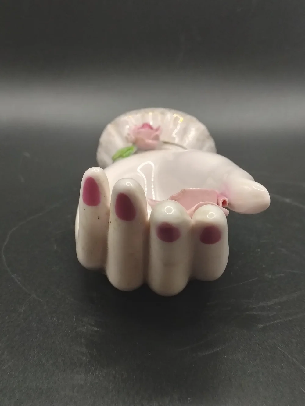 Lefton Porcelain Hand Ring Holder with Pink Rose Accent